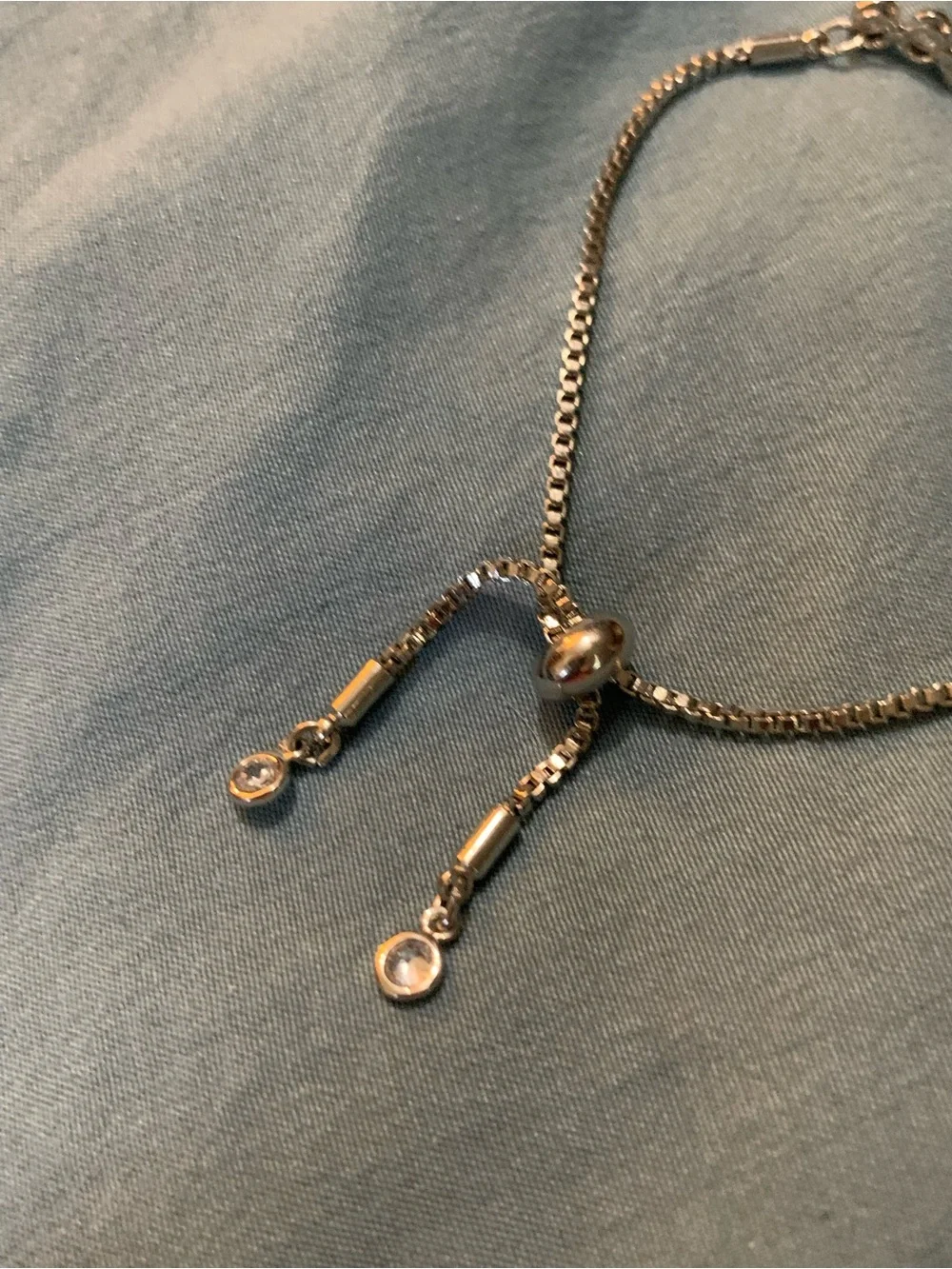 Silver-Tone Crystal Station Adjustable Bolo Bracelet with Box Chain